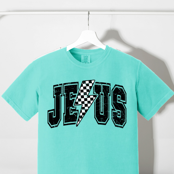 Jesus Checkered Lightning Bolt Comfort Colors Tshirt