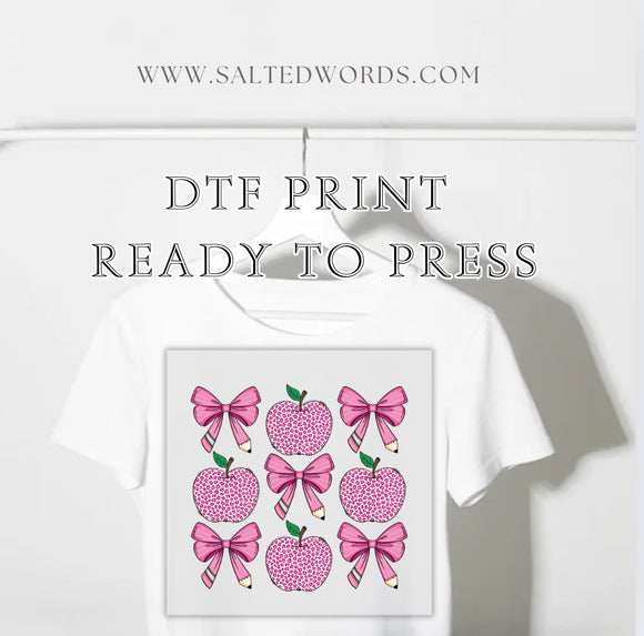 Bows pencils and cheetah print apples back to school DTF print