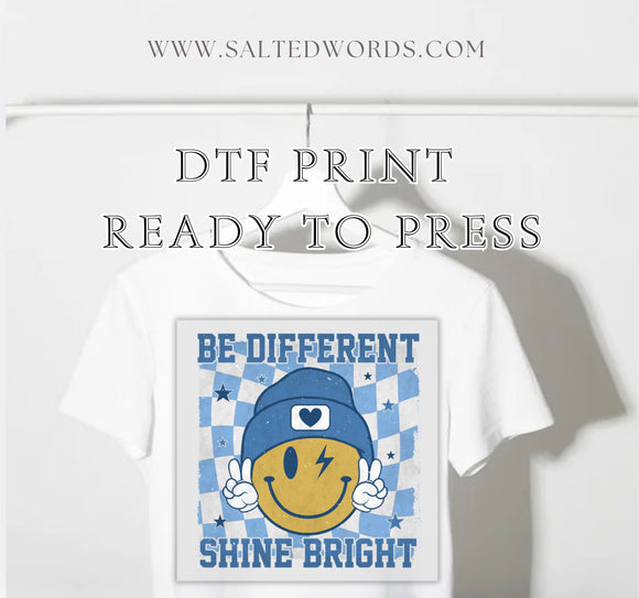 Be different shine bright smilie kids checkered DTF print transfer Ready to Press