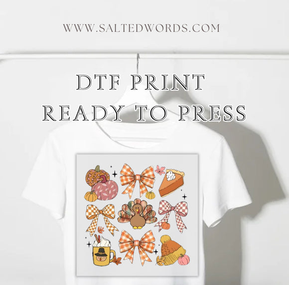 Fall Turkey, pumpkin pie and checkered croquette bows   DTF print transfer Ready to Press