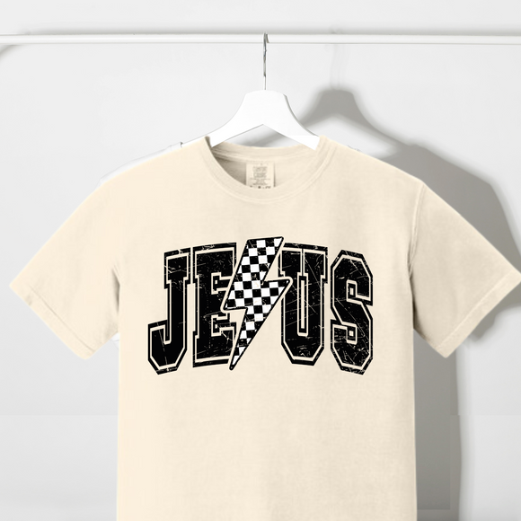 Jesus Checkered Lightning Bolt Comfort Colors Tshirt - Salted Words, LLC