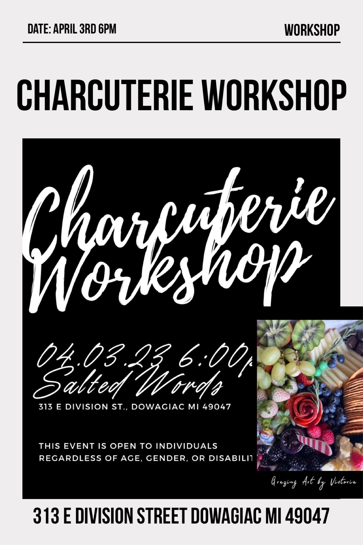 Charcuterie Workshop at Salted Words Aprils 3rd 6pm Salted Words